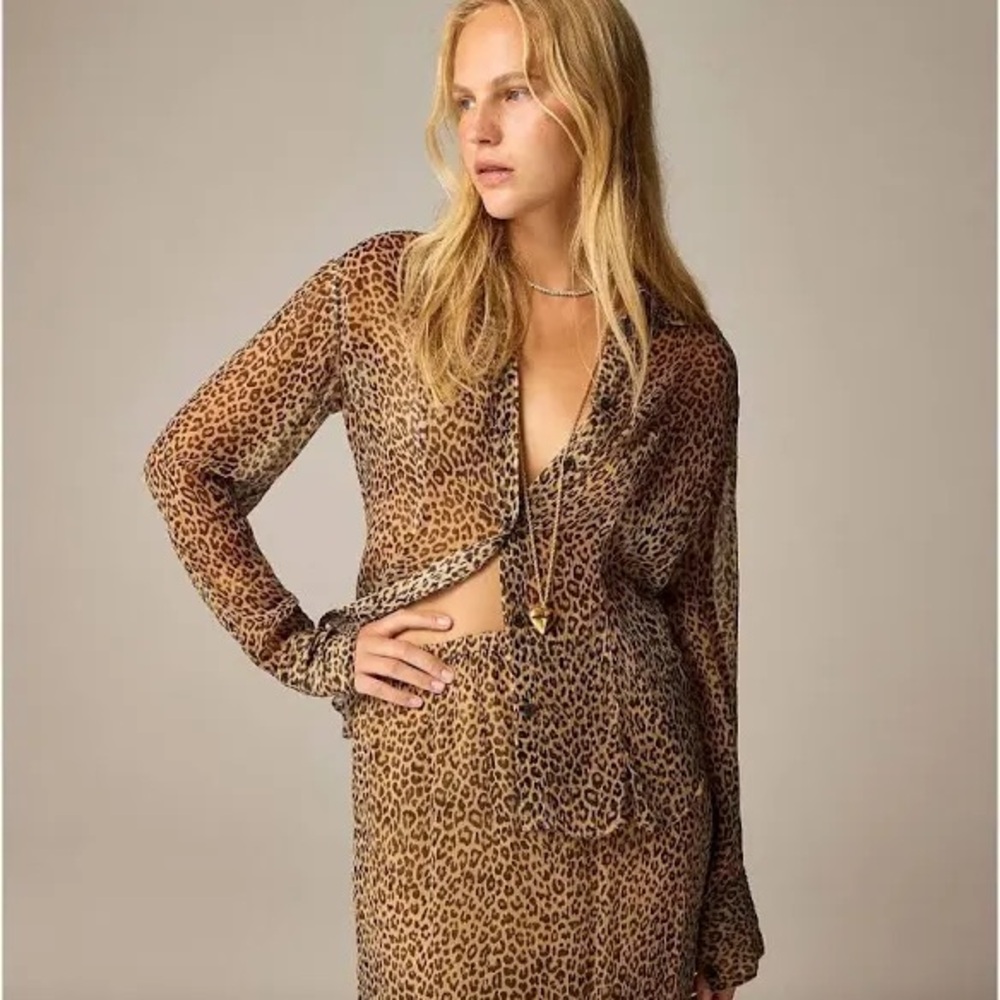 J. Crew Brown Leopard Print Sheer Button Down Shirt Size 14 - Picture 3 of 9